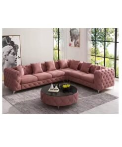 Maharat Al Bahar Maharat Furniture rose/dusty pink Velvet L-Shaped Chesterfield Sofa Set – Luxury 6-Seater Living Room Sofa with silver Legs, Traditional Elegant Design for Home & Office