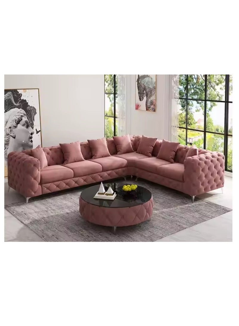 Maharat Al Bahar Maharat Furniture rose/dusty pink Velvet L-Shaped Chesterfield Sofa Set – Luxury 6-Seater Living Room Sofa with silver Legs, Traditional Elegant Design for Home & Office