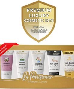 La Parisienne Premium Luxury Travel Gold Box - 5 Piece Cosmetic Kit with Shampoo, Conditioner, Shower Gel, Body Lotion & Hand Sanitizer