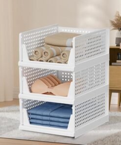 NOVATIC Plastic Clothes Organizer for Wardrobe - Foldable and Stackable Closet Cupboard Almirah Space Organiser for Shirt, T Shirt, Jeans (White Wardrobe_3 Shelf)