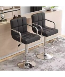 Modern Height Adjustable Bar Stool, PU Leather Swivel Counter Chair with Back Support, 360 Degree Rotation, Hydraulic Lift, Black Cushioned Seat for Kitchen Island (Black, 1 PC)