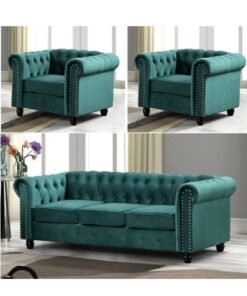 Maharat Al Bahar MAB Furnishings - 5-Seat Chesterfield Tufted Jewel-Toned Velvet Sofa with Scroll Arms, Green