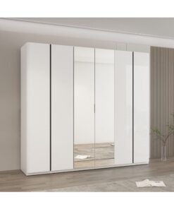 DANUBE HOME Santelmo 6 Door Wardrobe With Mirror Sturdy Closet Clothes Storage Cupboard Modern Design Space Saving Swing Door Cabinet For Bedroom L238.2xW59.8xH220cm - Light Beige
