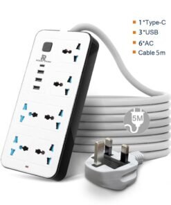 Rock Pow 5 meters Universal Extension Cord with 6 Power Socket and 3 USB + 1 PD Slots 6 Way Power Strip with USB type C PD Charging slot Extension Lead 5 meter(6S+3U+1PD 5M)