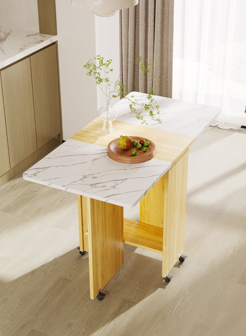 Folding Dining Table Drop Leaf Table with 6 Wheels, Kitchen Table with 2-Layer Storage Shelves, Multifunctional Extension Space Saving Dinner Table for Bedroom Dining Room Home