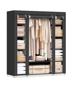 SONGMICS Fabric Wardrobe, Portable Wardrobe for Bedroom, Clothes Rail with Non-Woven Fabric Cover, Clothes Storage Organiser, 45 x 150 x 175 cm, 12 Compartments, Metal Frame, Black