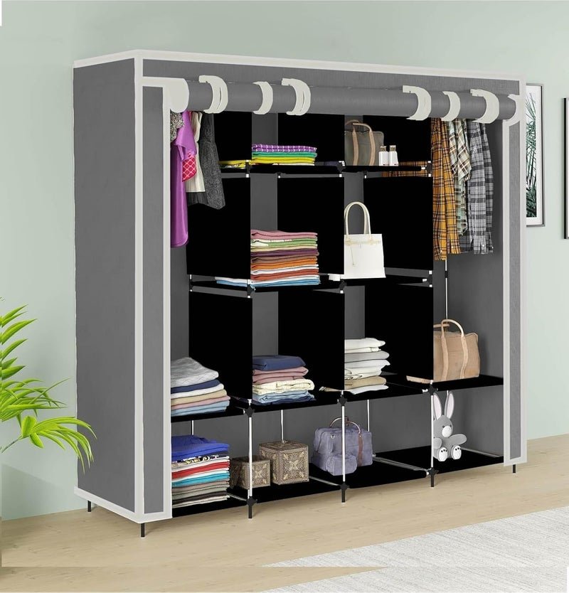 Maison & Cuisine Collapsible Wardrobe for Clothes with 12 Shelves 2 Hanger(Non Woven Febric 90GSM, Metal Rod 145x38x145cm) (88270, Grey)