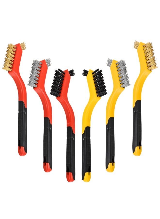 SUNSAR Wire Brush Set, 7 Inch, 6 Pack, Brass/Steel/Nylon Brushes with Curved Handle for Cleaning