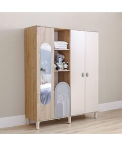 DANUBE HOME Zeta 4-Door Swing Door Wardrobe with Mirror & Open Shelves - Offwhite & Grey Engineered Wood Storage Solution for Bedroom - Size: L160xW50xH119.6cm - Stylish Wardrobes