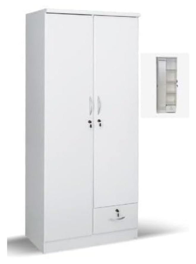 INFINI HOMES 2 Door Wooden Wardrobe,Cabinet,Cupboard Of Engineered Wood With 1 Lockable Drawer Perfect Modern Stylish Heavy Duty Color White (without assembly)