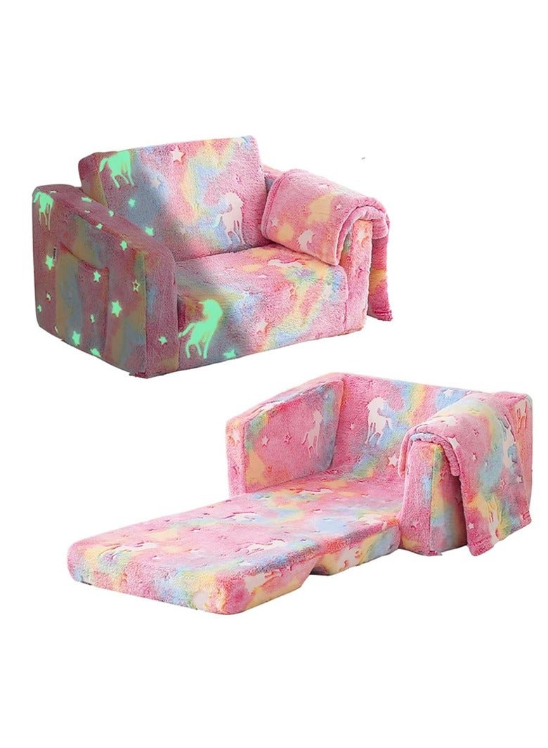 Glow in The Dark Extra Soft Open Couch 2-in-1 Toddler Soft Couch Fold Out Glow in Dark Convertible Plush Foam Chair Star Glow in The Dark Toddler Couch for Playroom Bedroom
