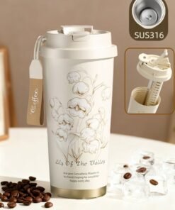 CoolRabbie Travel Coffee Mug,Large Capacity Tumbler with Lid and Straw Stainless steel Coffee Thermo,Double Wall Vacuum Insulated Travel Coffee Mug (White(Lily of the valley)