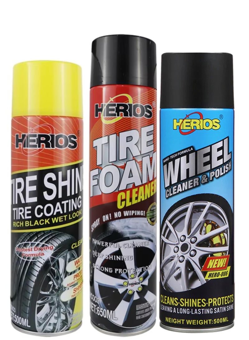 Herios Car Care Kit, Tire Foam Cleaner, Tire Shine Coating and Wheel Cleaner, 500ml, 3-Piece Set