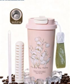 CoolRabbie Travel Coffee Mug,Large Capacity Tumbler with Lid and Straw Stainless steel Coffee Thermo,Double Wall Vacuum Insulated Travel Coffee Mug (Pink(Lily of the valley)