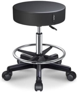 Rolling Stool, PU Leather Rolling stools, Ultra Soft Padded Seat, Rolling Stools with Wheels and Footrest, 360° Swivel, Work Office Tattoo Stool (black)