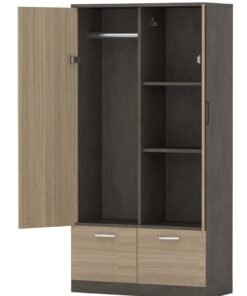 Mahmayi Wooden Wardrobe with 2 Doors, 2 Drawers, Hanging Rod and 2 Compartments, Wooden Closet Storage Cabinet for Bedroom, Living Room - Dark Grey Chicago Concrete and Grey Bardolino Oak