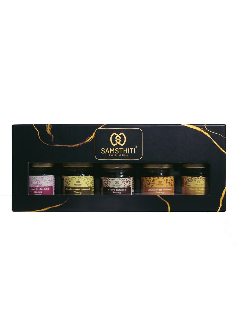 Samsthiti Infused Honey Gift Box, Pack of 5 Flavored Organic Honeys – Rose, Cardamom, Clove, Cinnamon & Ginger, 100% Natural, No Sugar or Preservatives, Healthy Gourmet Gift for Tea Lovers, Wellness & Celebrations