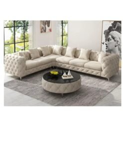 Maharat Al Bahar Maharat Furniture Golden-Legged L-Shaped Chesterfield Sofa Set – Luxury Velvet 6-Seater, Beige – Classic Elegance for Living Room