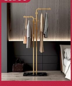 GUDOO Double-pole Coat Racks Freestanding Metal Gold Clothing Rack with 5 Hooks and Marble Base Modern Coat Hanger Stand for Entryway Living Room Bedroom