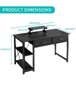 SHEIDLIN Computer Desk with With 2 Drawers，39.37"Home Office Desk with Monitor Stands and 2 storage shelves， Writing Gaming Table Home Office Desk ，Ergonomic Black