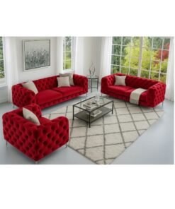 Maharat Al Bahar Maharat Furniture Luxury Chesterfield Sofa Set – 3-Piece Red Tufted Velvet Living Room Set with Armchair, Loveseat & Sofa – Elegant Modern Design with Metal Legs