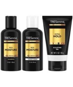 TRESemmé Travel Shampoo, Conditioner & Hair Gel – Rich Moisture Hair Products + Alcohol-Free Styling Gel, 24H Frizz Control (3 Piece Set)
