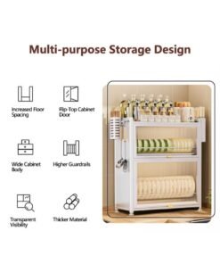 Alternative view of XiuWoo 3-Tier Kitchen Dish Rack, Metal Countertop Storage Cabinet, Microwave Stand, Bakers Rack, Dish Drying Rack, Storage Rack with Pull-out Cabinet, Clear Window, Hooks, and Chopsticks Organzier