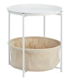 NKX Solid wood round table small coffee table white iron plate top with khaki cloth bag