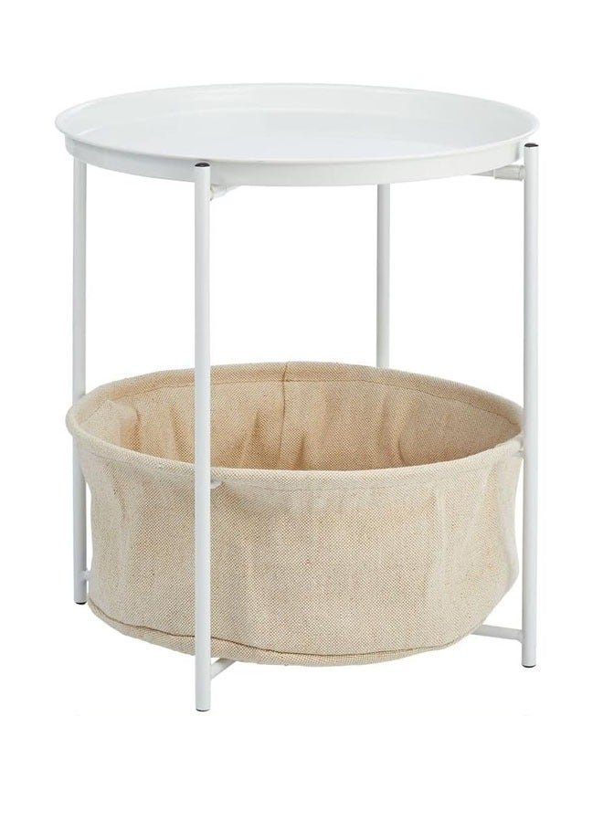 NKX Solid wood round table small coffee table white iron plate top with khaki cloth bag