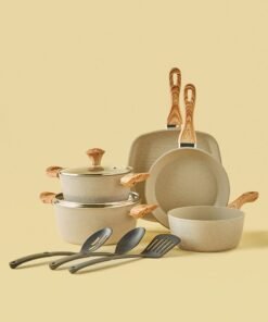 Noon East 10-Piece Aluminium Pots And Pans Non-Stick Surface Wood Finish Handles Tempered Glass Lids PFOA Free Frying Pan, Casserole With Lid, Saucepan, Grill Pan, Kitchen Tools Beige