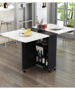 Folding Dining Table Drop Leaf Table with 6 Wheels, Kitchen Table with 2-Layer Storage Shelves, Multifunctional Extension Space Saving Dinner Table for Bedroom Dining Room Home