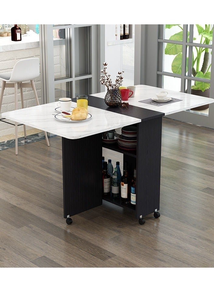 Folding Dining Table Drop Leaf Table with 6 Wheels, Kitchen Table with 2-Layer Storage Shelves, Multifunctional Extension Space Saving Dinner Table for Bedroom Dining Room Home