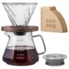 Folanry Pour Over Coffee Maker,V60 Drip Coffee Pot with Walnut Handle and Glass Lid, Glass Coffee Dripper,20oz/600ml Borosilicate Glass Carafe  with 100 pcs V60 Paper Filter for Home Coffee Restaurant Camping,Clear