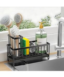 XiaoGiqi Black Kitchen Sink Sponge Holder，Sink Organizer with Tall Brush Holder，Kitchen Countertop Organization & Storage Essential，Rustproof 304 Stainless Steel，Soap Dispenser Storage