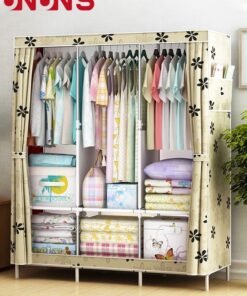 UNUNS Wardrobe Storage Closet,Fabric Clothes Organizer With Side Pockets,Zipper And Hanging Rail,Foldable Non-Woven Textile Storage Clothing Rack