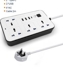 Rock Pow 3 meters Universal Extension Cord with 4 Power Socket and 3 USB Slots 3 meter 4 Way Power Strip with USB type C PD Charging Slot Extension Lead 3 meter 3M