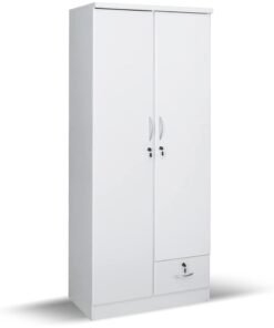 KUSTOMDECO 2 Door Wooden Wardrobe with Lock & Drawer | Modern White Wooden Almirah Closet for Bedroom, Home & Office Storage