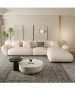 Al Zakharef Furniture Turrella Luxury Cloud-Style L-Shape Sofa Set with Chaise Lounge, Soft Fleece Upholstery, High-Density Foam Cushions, Solid Wood Frame, Corner Sofa for Living Room – Beige