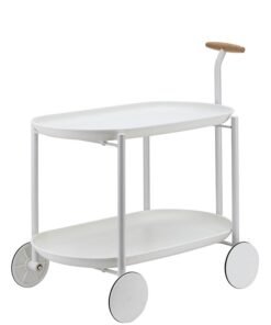 MIXDE Movable Trolley Table-2 Layers White- Multi-Tier Utility Cart with ABS Plastic Trays and Carbon Steel Frame Beech Wood Handle and Rigid Wheels for Kitchen Living Room and Dining Room Storage