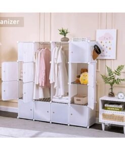 Portable Closet Clothes Wardrobe Bedroom Armoire Storage Organizer With Hanging Section, Capacious & Sturdy, (16 cube white)