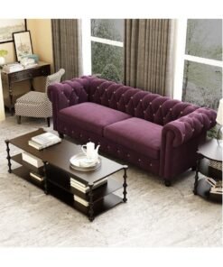 Wooden Twist 3 Seater Velvet Rolled Arm Chesterfield Sofa ( Purple )
