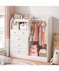Creative Kids Wardrobe, Wooden Cabinet with 5 Drawers and Hanging Area for Clothes Storage Organizer, Modern Closet Heavy Duty Bedroom Furniture for Boys Girls, YN011 (White)