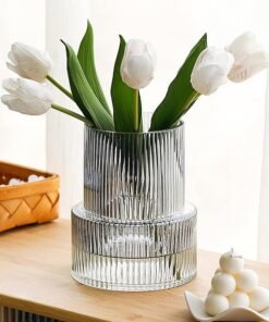 Garlo Clear Glass Vase, Ribbed Vase, Fluted Glass Vase, Flower Vase, Modern Vase for Centerpiece, Ribbed Glass Vase for Living Room, Dining Table, Entryway, Mantle, Shelf, Wedding, Office