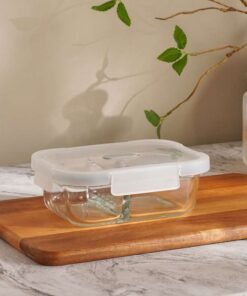 Pan Home Superior Leakproof 2 Compartment Glass Rectangular Food Container 640ml -Clear & Grey