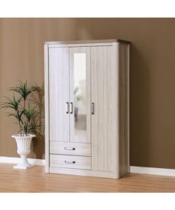 DANUBE HOME Olivos 3 Door Wardrobe W/Mirror Extra Sturdy Closet Clothes Storage Cupboard Modern Design Space Saving Cabinet For Bedroom 124x56x204Cm Ash Grey/Oak