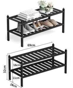 HAWAWA 2 Tier Stackable Shoe Shelf Small Shoes Organizer Standing Shoe Stand Stable and Study for Closet Entryway Hallway Bedroom Floor Dorm Black 69x32x28cm