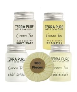 Terra Pure Hotel Soaps and Toiletries Bulk Set | 1-Shoppe All-In-Kit Amenities for Hotels | 1oz Hotel Shampoo & Conditioner, Body Wash, Body Lotion & 1.25oz Bar Soap Travel Size | 300 Pieces