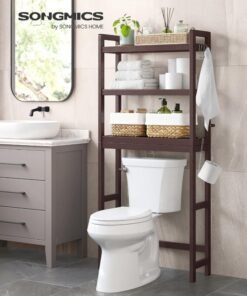 SONGMICS Over The Toilet Storage, 3-Tier Over Toilet Bathroom Organizer with Adjustable Shelf, 10.2 x 24.8 x 66.9 Inches, Space-Saving, Brown