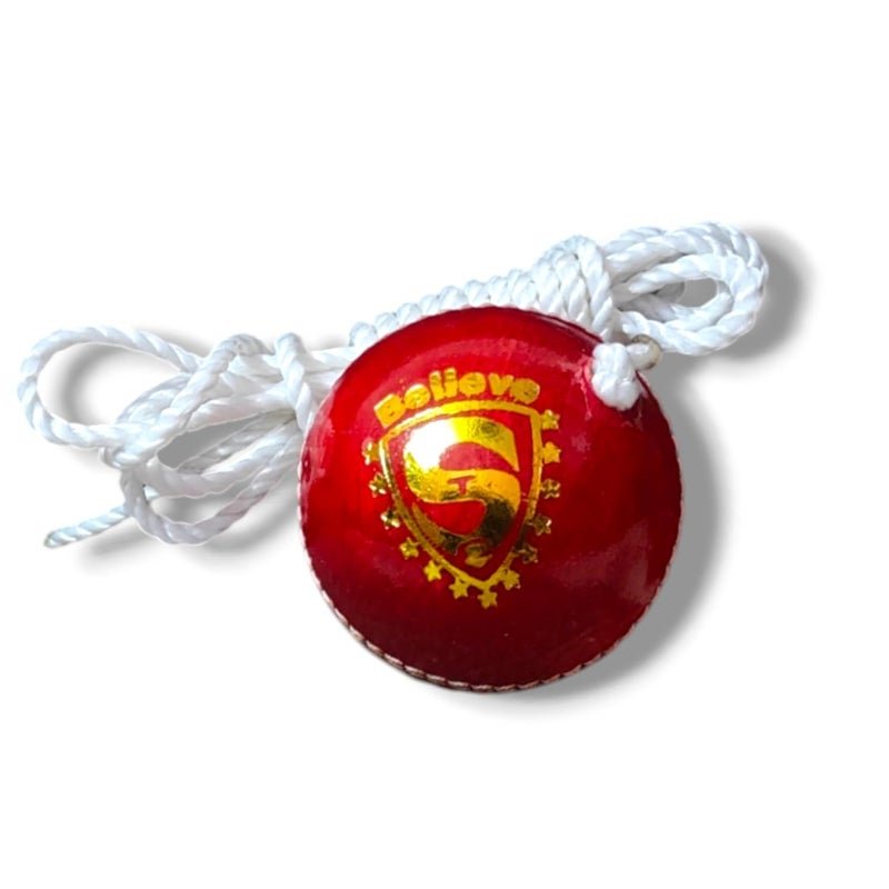 STC SPORTS Leather Cricket Shot Practice Hanging Ball, String Cricket Ball and Knocking Cricket Ball with Rope, RED, Pack of 1 (Red)