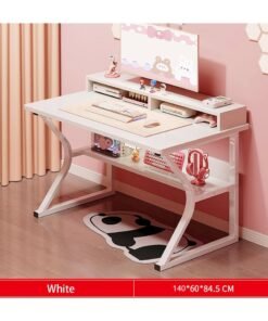 OHAHO Gaming Desk with Shelf, 140CM Computer Desk, C-Shaped Gaming Table, PC Gaming Workstation Home Office Desks, Space-saving, Easy to Assemble (White, 140x60x75CM)